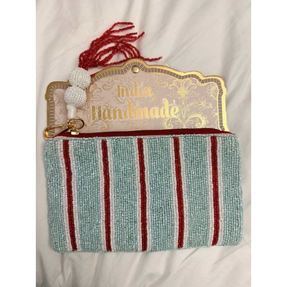 NEW India Handmade Beaded Striped Clutch Tassel Bag Blue Red White Medium Size - Picture 2 of 6